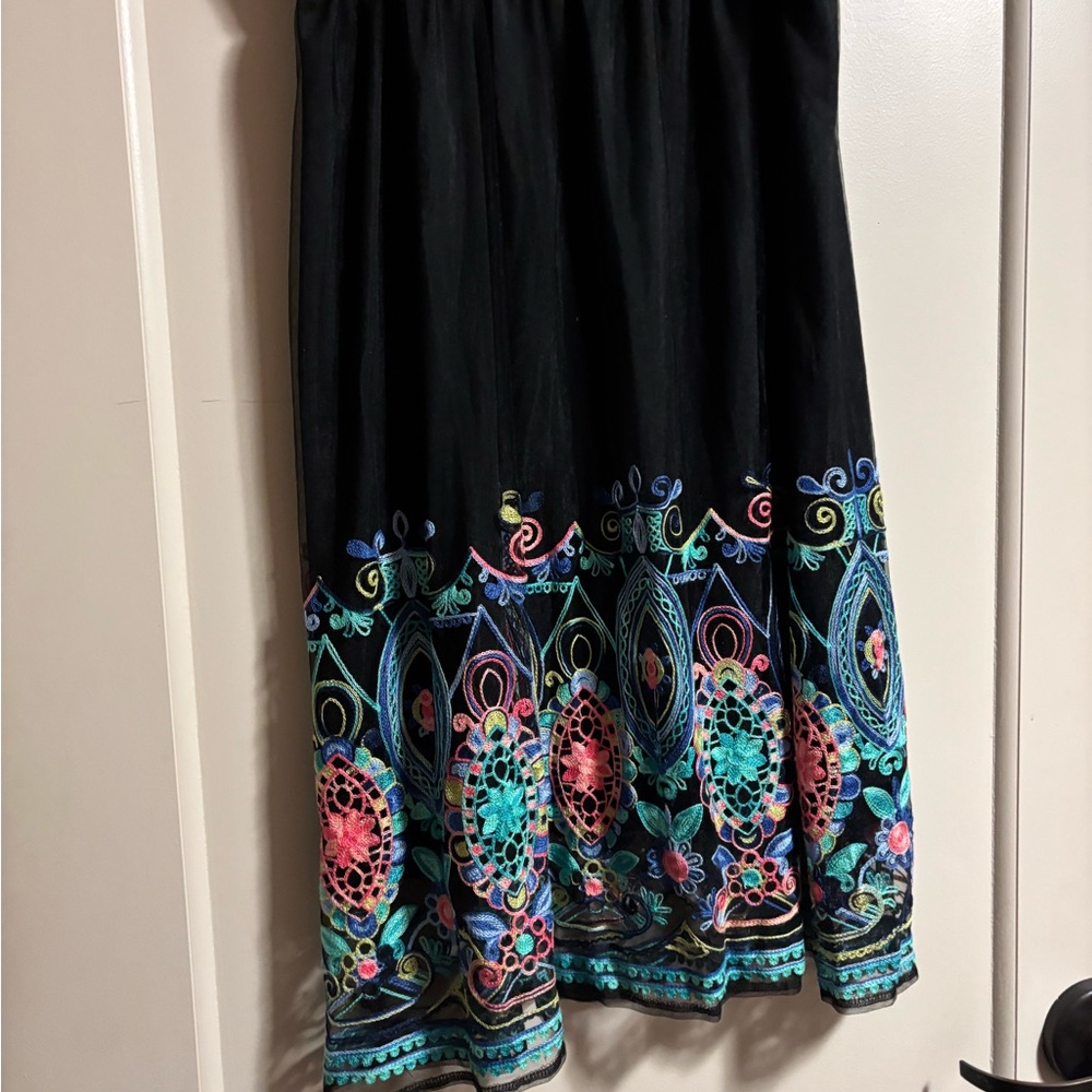 Black Embroidered Maxi Skirt with Multicolor Floral Border - Picture 1 of 4